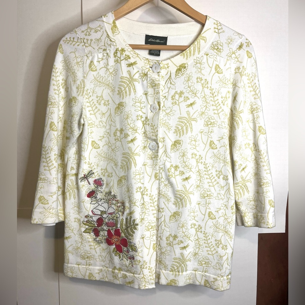 Eddie Bauer Women’s Size Small Sweet Olive & Ivory Floral Cotton Cardigan